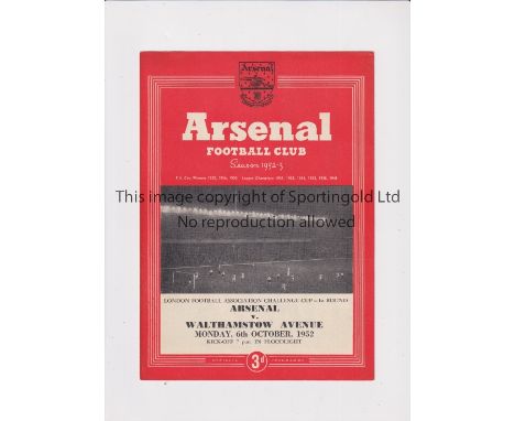 ARSENAL    Programme for the home London Challenge Cup tie v Walthamstow Avenue 6/10/1952.    Good