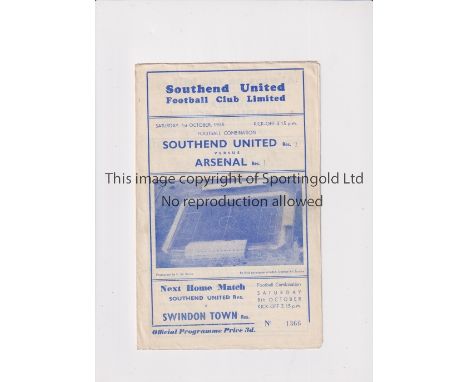 ARSENAL     Programme for the away Combination match v Southend United 1/10/1955.   Generally good