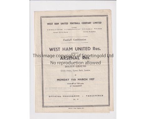ARSENAL     Programme for the away Combination match v West Ham United 11/3/1957, horizontal fold.    Generally good