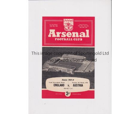 NEUTRAL AT ARSENAL / BOBBY MOORE     Programme for the Youth International at Highbury, England v Austria 4/3/1958, very slig