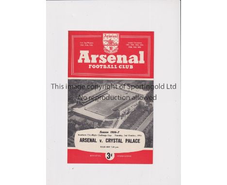 ARSENAL    Programme for the home Southern Floodlight Cup tie v Crystal Palace 2/10/1956, very slight horizontal crease. This