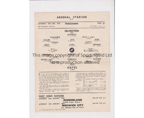NEUTRAL AT ARSENAL      Single sheet programme for the Schoolboys match, Islington v Hayes 16/1/1954, slight horizontal creas