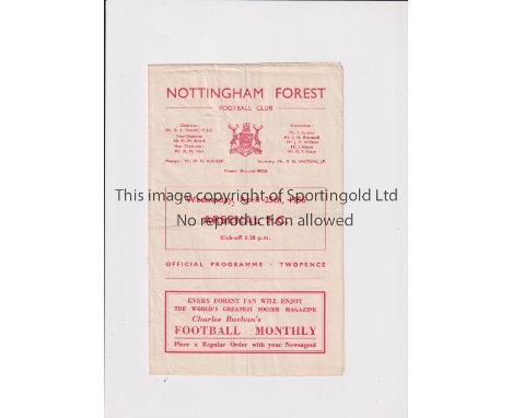 ARSENAL     Programme for the away Friendly v Nottingham Forest 25/4/1956, horizontal crease and very slightly worn.   Genera