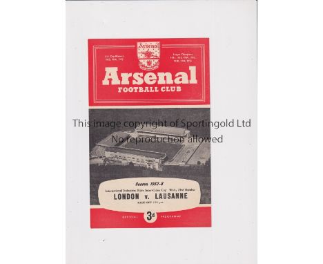 LONDON V LAUSANNE 1957 AT ARSENAL      Programme for the Inter Cities Fairs Cup Semi-Final 27/10/1957.    Very good