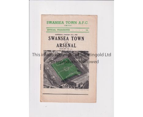 ARSENAL     Programme for the away Friendly v Swansea Town 25/1/1958, very slight vertical crease and tape mark on the back c