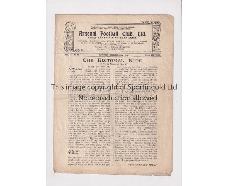 ARSENAL     Home programme for the League match v Huddersfield Town 27/11/1920, folded and very slightly worn.    Fair to gen