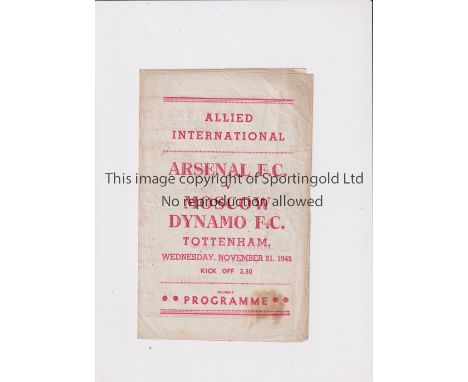 ARSENAL     Pirate programme issued by Rossi, with red print, for the home Friendly v Dynamo Moscow 21/11/1945, slightly crea