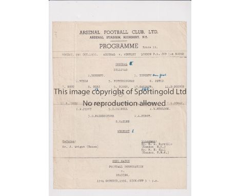 ARSENAL    Single sheet home programme for the London FA Cup tie v Wembley 8/10/1956, scores entered and horizontal fold.    