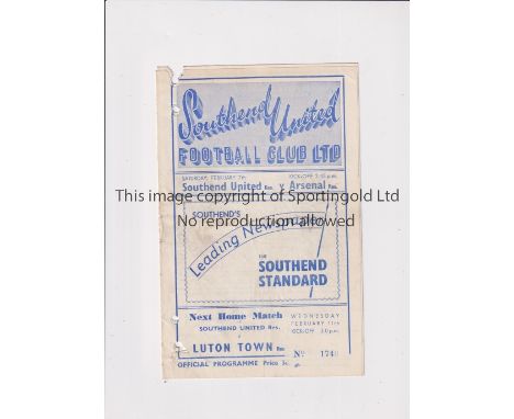 ARSENAL     Programme for the away Football Combination match v Southend United 7/2/1953, 4 punched holes. Fair