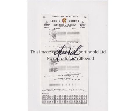 1999 CRICKET WORLD CUP FINAL / SHANE WARNE AUTOGRAPH       Score card for Australia v Pakistan 20/6/1999 at Lord's, signed on