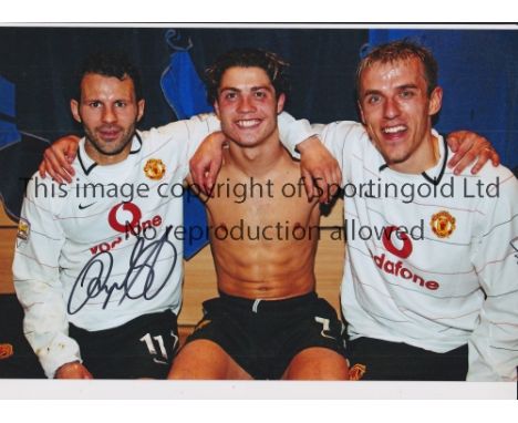 RYAN GIGGS     Autographed 12 x 8 col photo of Giggs and his Man United team mates Ronaldo and Neville posing for photographe