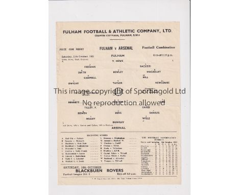 ARSENAL     Single sheet programme for the away Football Combination match v Fulham 11/10/1952, horizontal crease.    General