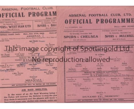 ARSENAL     Three single sheet home programmes for the FL South match v Millwall 27/12/1943, team changes and scores entered,