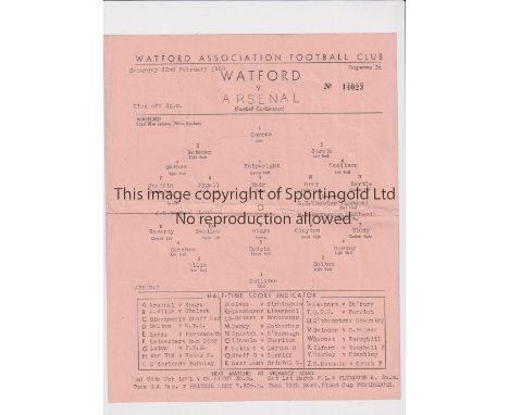 ARSENAL     Single sheet programme for the away Combination match v Watford 22/2/1958, horizontal fold.    Generally good