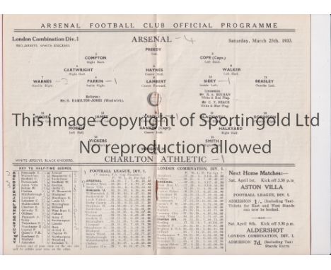 ARSENAL     Home programme for the London Combination match v Charlton Athletic 25/3/1933, very slight vertical crease.    Ge
