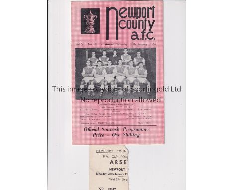 1957 NEWPORT COUNTY V ARSENAL FAC   Programme and ticket for the game at Newport dated 26/1/57. The ticket has been torn in h