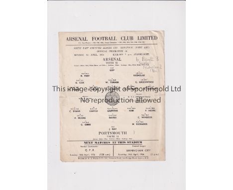ARSENAL     Single card programme for the home South East Counties LC Semi-Final 9/4/1956, folded.    Generally good