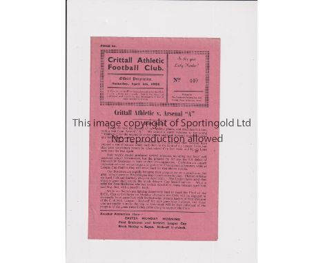 ARSENAL      Programme for the away Eastern Counties League match v Crittall Athletic 4/4/1953.     Good