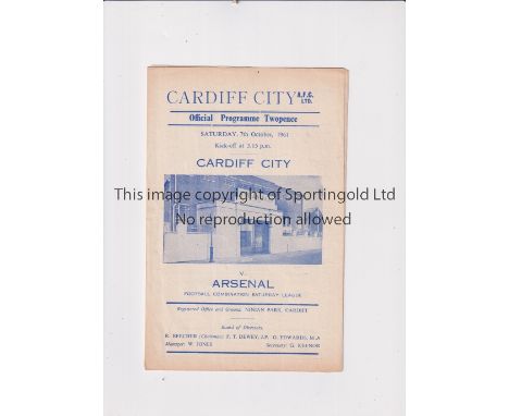 CARDIFF CITY V ARSENAL RESERVES   Two programmes for the games at Ninian Park dated 11/2/61 with a slight crease and 7/10/61.