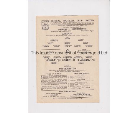 ARSENAL     Single card programme for the home Football Combination Final v Southampton 29/4/1953, very slightly creased.    