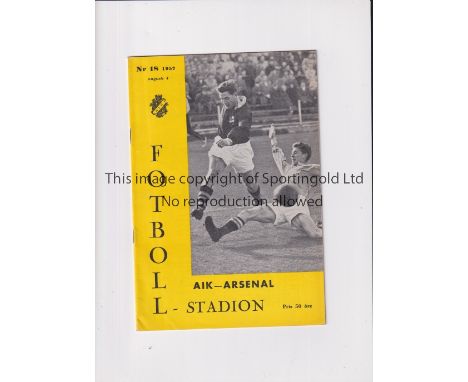 ARSENAL     Programme for the away Friendly v AIK Solna 4/8/1957.    Good