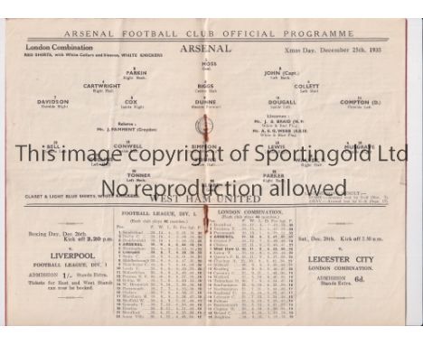 ARSENAL     Programme for the home London Combination match v  West Ham United 25/12/1935, slightly creased.    Generally goo
