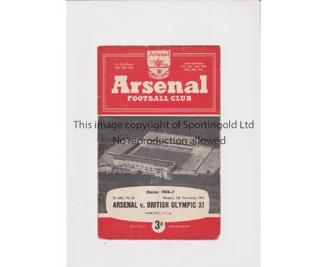 ARSENAL     Programme for the home Friendly v British Olympic XI 5/11/1956, horizontal crease, team changes and very slight w