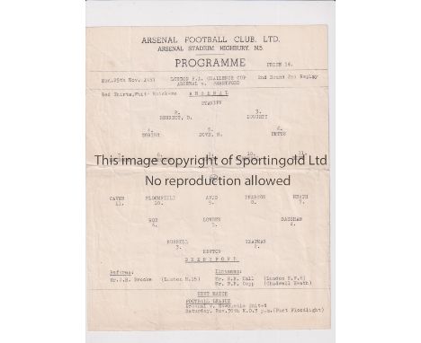 ARSENAL     Single sheet programme for the home London FA Cup 2nd Replay v Brentford 25/11/1957. Horizontal fold.    Fair to 