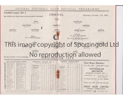 ARSENAL      Home programme for the League match v Manchester City 13/10/1934, rusty staples.     Generally good