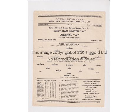 ARSENAL     Single sheet programme for the away Eastern Counties League match v West Ham United 6/4/1953, horizontal crease. 
