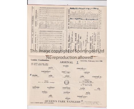 ARSENAL     Programme for the home London Combination match v QPR 26/2/1938, scores entered.    Generally good