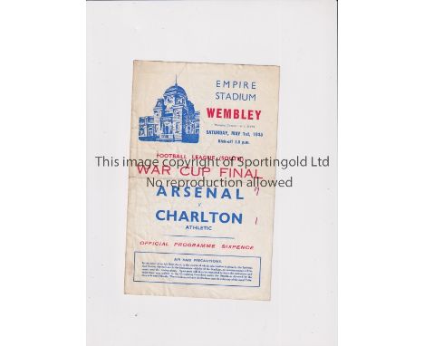 1943 FL SOUTH WAR CUP FINAL      Programme for Arsenal v Charlton Athletic, horizontal fold, scores on the cover, team change