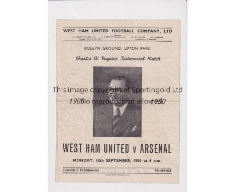 ARSENAL     Programme for the away Paynter Testimonial v West Ham United 18/9/1950, creased, team changes. Includes a newspap