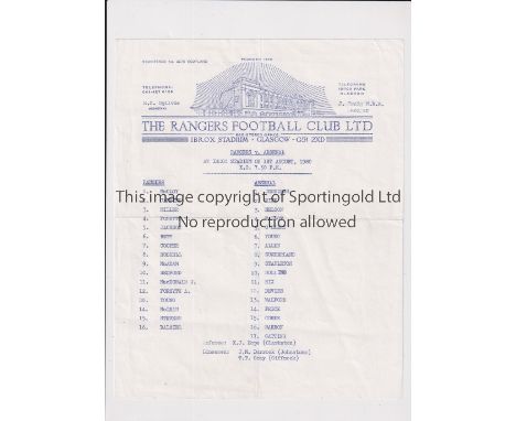 ARSENAL / CLIVE ALLEN      Official blue print team sheet for the away Friendly v Glasgow Rangers 1/8/1980 in which Clive All