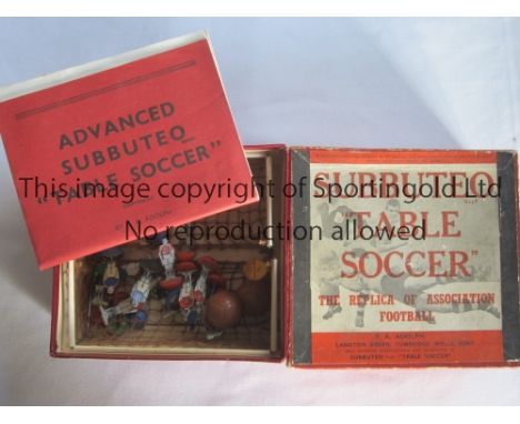 SUBBUTEO TABLE SOCCER      An original boxed game from 1955 including 7 celluloid red players, 9 celluloid blue players, 2 go