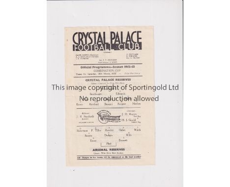 ARSENAL Single sheet programme for the away Football Combination Cup match v Crystal Palace 28/3/1953 plus newspaper report, 