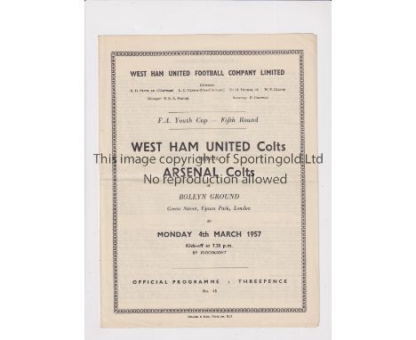 ARSENAL     Programme for the away Youth Cup tie v West Ham United 4/3/1957, horizontal fold.    Generally good
