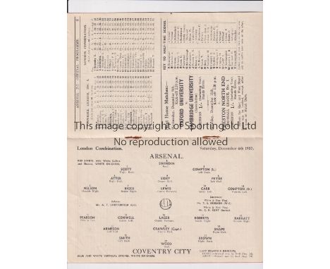 ARSENAL     Programme for the home London Combination match v Coventry City 4/12/1937.    Good