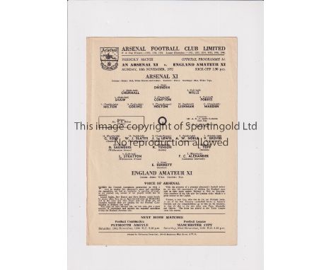 ARSENAL     Single card programme for the home Friendly v England Amateur XI 10/11/1952.    Good