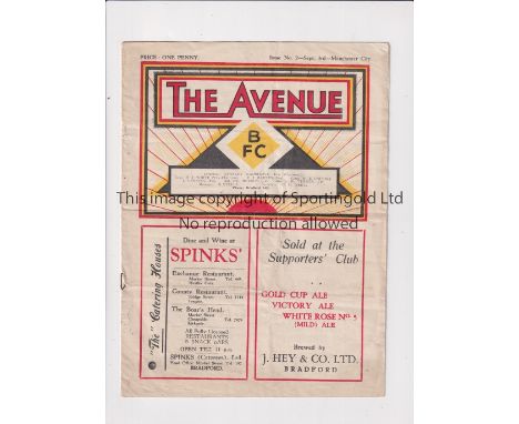 1938 BRADFORD PARK AVENUE V MANCHESTER CITY&nbsp; &nbsp; &nbsp;Programme for the League game at Bradford dated 3/9/38. Folds,