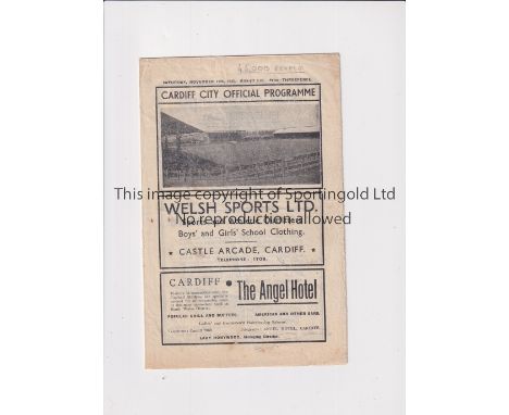 1945 CARDIFF CITY V MOSCOW DYNAMO   Programme for the game at Ninian Park dated 17/11/45. Attendance, score and team change a