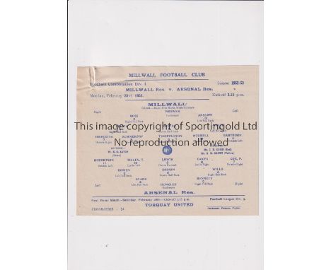 ARSENAL     Single sheet programme for the away Football Combination match v Millwall 23/2/1953.   Good