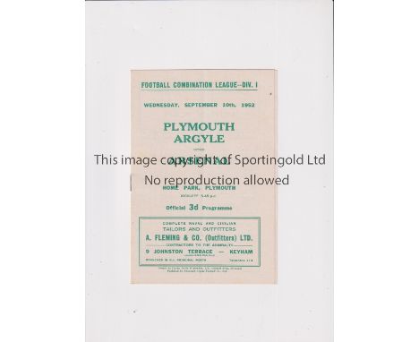 ARSENAL     Programme for the away Football Combination match v Plymouth Argyle 10/9/1952, team changes and scores entered.  
