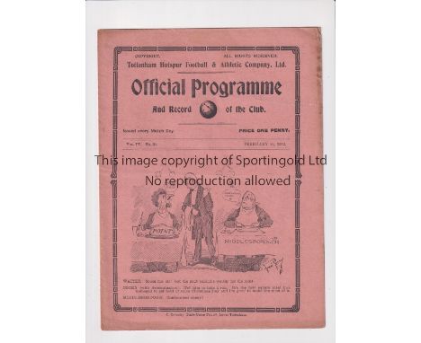 TOTTENHAM HOTSPUR V WOOLWICH ARSENAL 1912      Gatefold programme for the South Eastern League match at Tottenham 24/2/1912. 