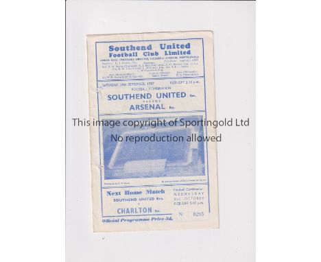 ARSENAL     Programme for the away Combination match v Southend United 28/9/1957, 2 holes and team changes.    Fair