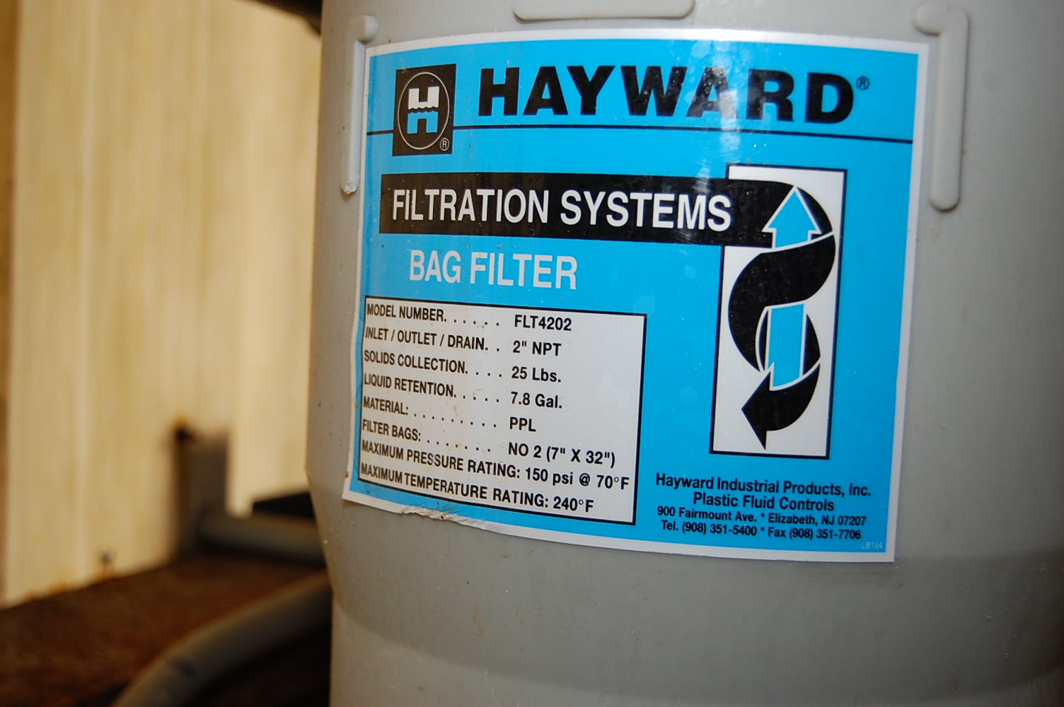 Hayward Model FLT4202 Bag Filter System, Rated 150 PSI Max Pressure