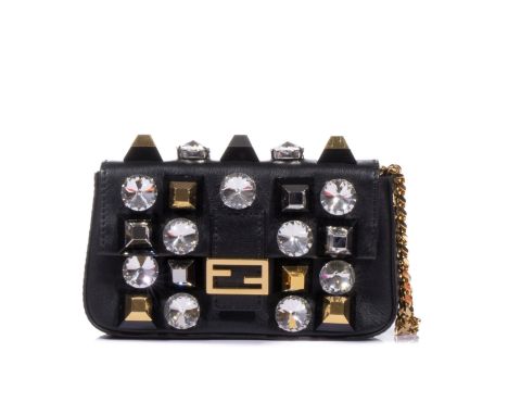 FENDI, Collection Prêt à Porter circa 2000, Sac micro 'Baguette'.En cuir noir recouvert de motifs circulaires strass blancs e