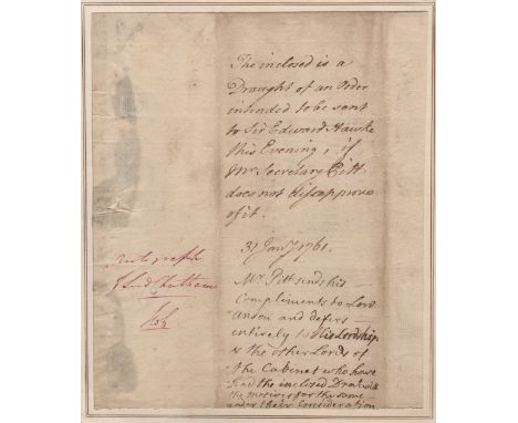 PITT WILLIAM: (1708-1778) The Elder. British Prime Minister 1766-68. A.N.S., Mr. Pitt, in the third person, one page, small 4
