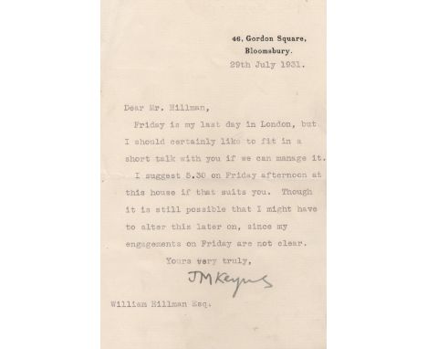 KEYNES JOHN MAYNARD:(1883-1946) British Economist, a member of the Bloomsbury Group of intellectuals. T.L.S., J M Keynes, one