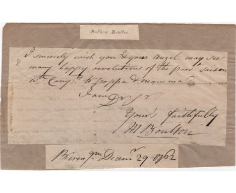 BOULTON MATTHEW: (1728-1809) English Manufacturer, the business partner of Scottish Engineer James Watt. Rare ink signature (